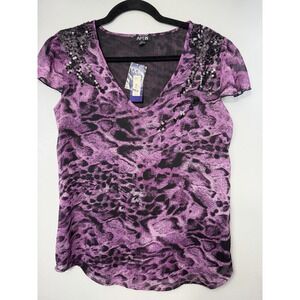 NWT APT 9 Purple Animal Print Capped Sleeve Blouse W Black Sequin Accents Size M